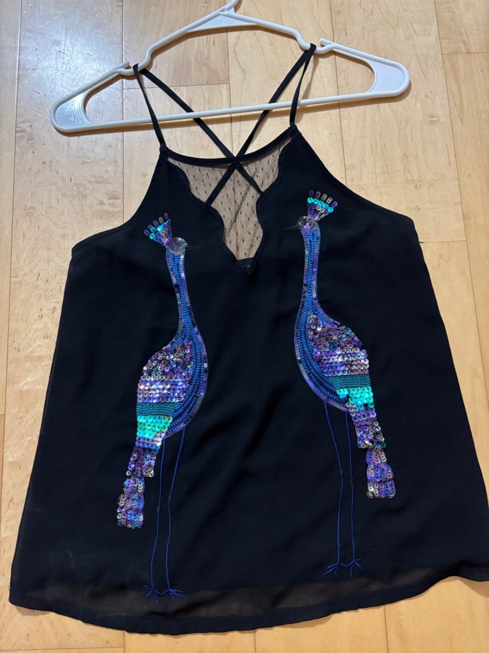 Express Black Camisole with Blue & Teal Sequin peacocks and mesh insert